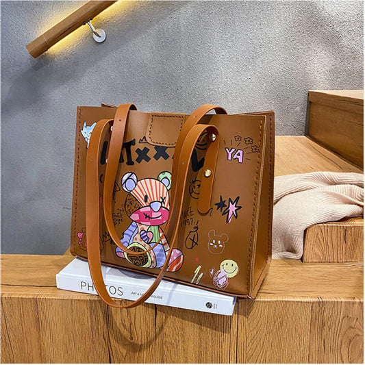 DIY handmade graffiti printed tote bag material kit with bear pattern, shoulder handbag