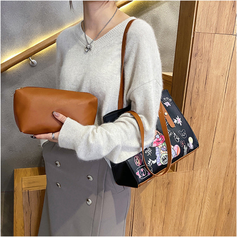 DIY handmade graffiti printed tote bag material kit with bear pattern, shoulder handbag