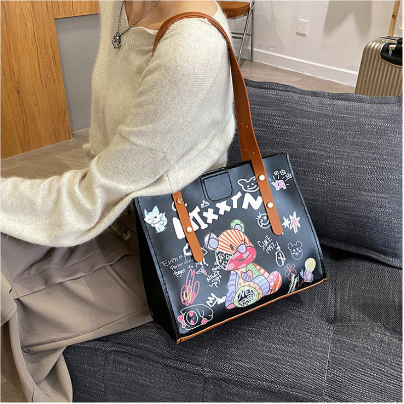 Kit de matériel pour sac fourre-tout imprimé graffiti fait main avec motif ours, sac à main à bandoulière