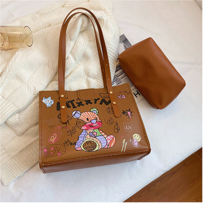 Kit de matériel pour sac fourre-tout imprimé graffiti fait main avec motif ours, sac à main à bandoulière