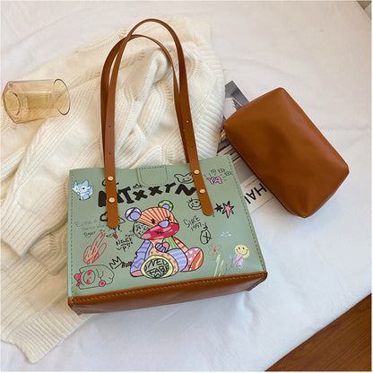 Kit de matériel pour sac fourre-tout imprimé graffiti fait main avec motif ours, sac à main à bandoulière