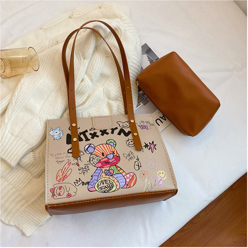 Kit de matériel pour sac fourre-tout imprimé graffiti fait main avec motif ours, sac à main à bandoulière