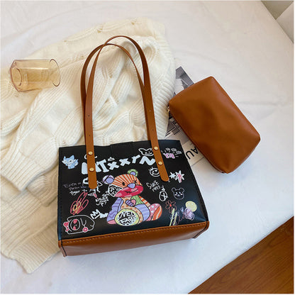 Kit de matériel pour sac fourre-tout imprimé graffiti fait main avec motif ours, sac à main à bandoulière