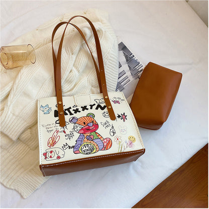 Kit de matériel pour sac fourre-tout imprimé graffiti fait main avec motif ours, sac à main à bandoulière